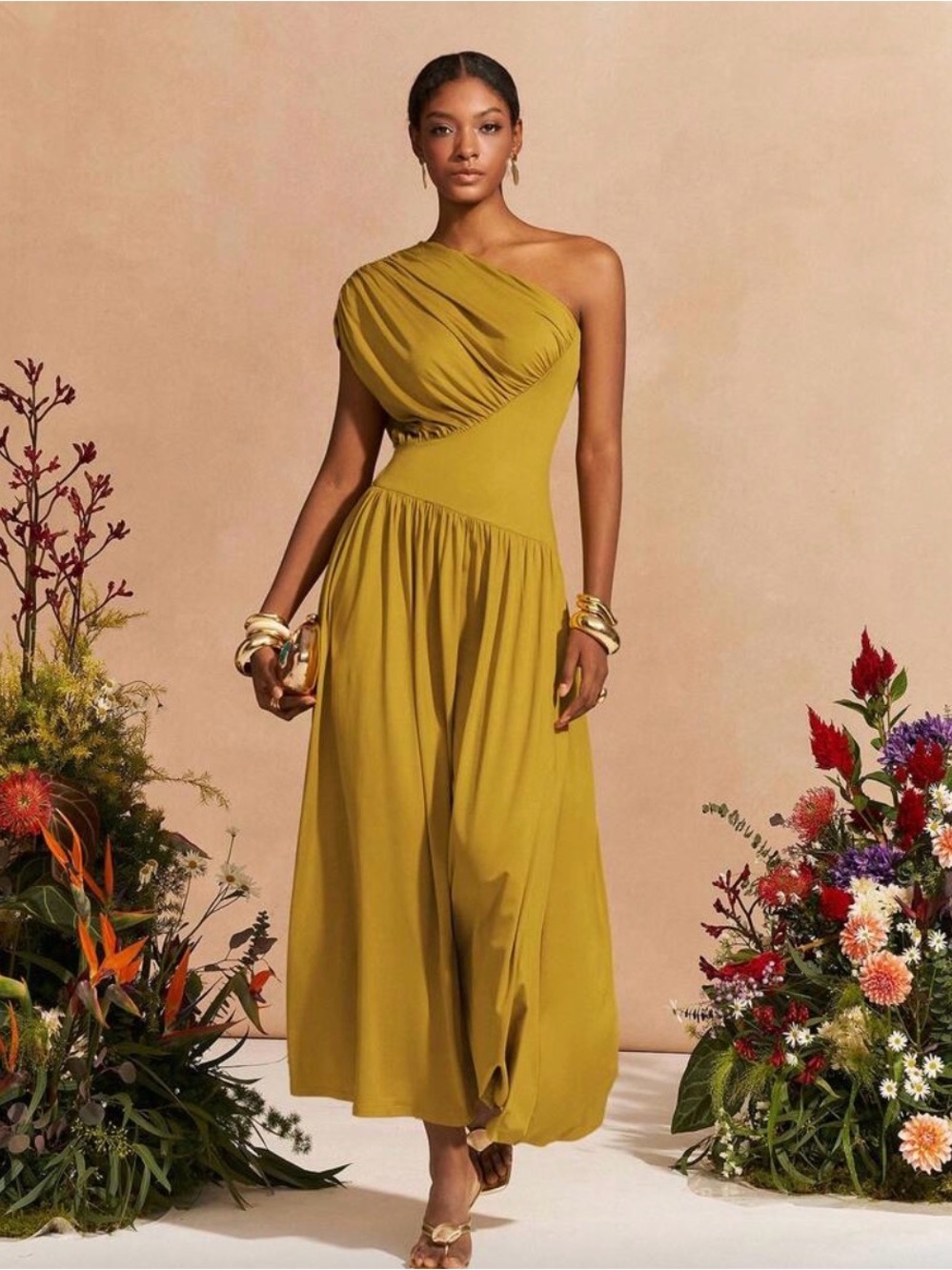 One-Shoulder Olive-Gold Midi Dress